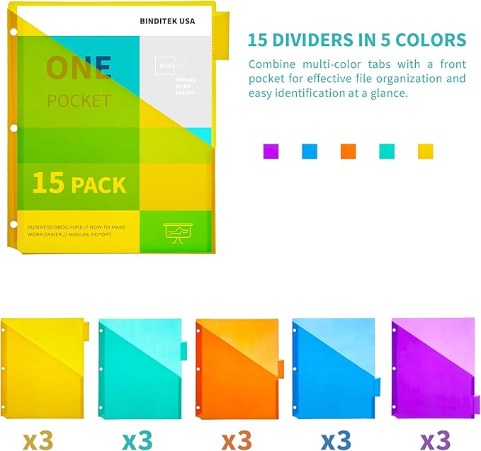 Binditek 15 Pack Plastic Dividers with Front Pocket, 5-Tab Insertable Poly Pocket Dividers for 3 Ring Binders, Letter Size, Multicolor, 3 Set, for Students and Coworkers