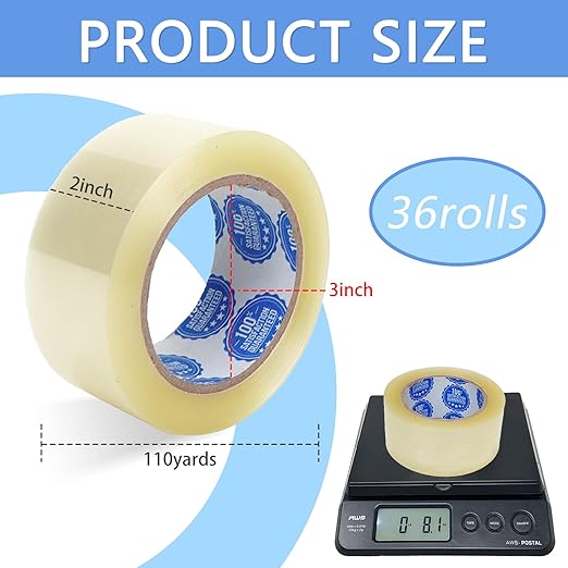 110 Yards Extra Long Packing Tape - 36 Rolls Clear 2 Inch x 1.8 Mil Heavy Duty Shipping & Moving Tape, Strong Adhesive for Storage Boxes