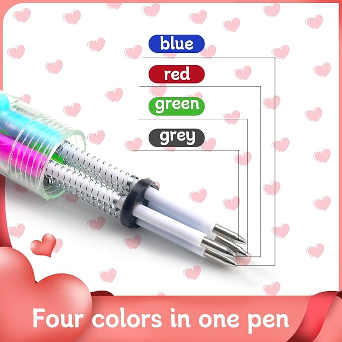 CZWZ 30 Set Cute Multicolor Pens in One 4-in-1 Fun Pens Bulk with 30 Valentines Day Cards for Valentine's Day Party Student Colleagues Greeting Exchange Gift Office School