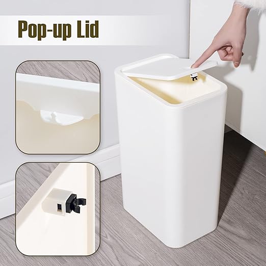 TrashAid 3 Pack Bathroom Trash Can with Lid, 2.6 Gallon / 10 Liter Small Garbage Can with Press Top Lid, Plastic Wastebasket with Pop-up Lids for Toilet, Office, Bedroom, Living Room, White