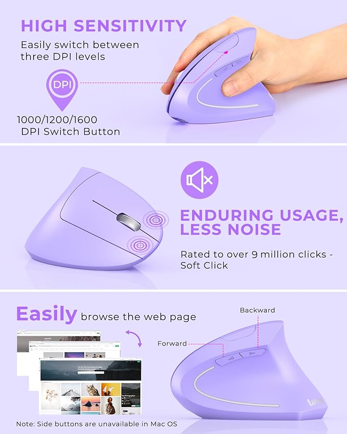 Lekvey Ergonomic Mouse, Vertical Wireless Mouse, Rechargeable 2.4G Optical Carpal Tunnel Mice with USB Receiver: 1000/1200 / 1600 DPI, 6 Buttons, for Laptop, Computer, PC, Desktop, Light Purple