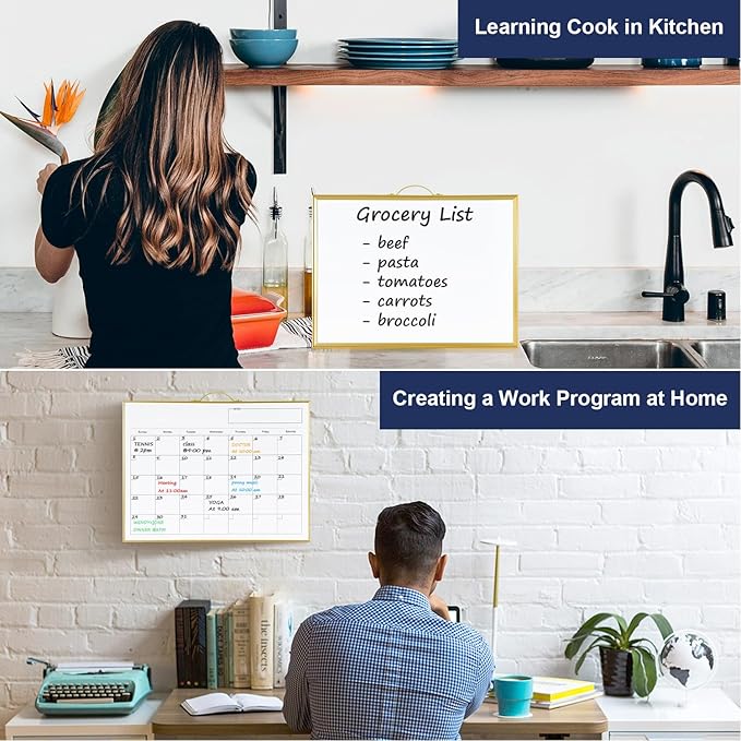 TSJ OFFICE White Board Calendar - 12 X 16 Inches Magnetic Dry Erase Board Monthly Calendar, Double Sided Whiteboard with a Handle, to Do List Notepad for Office, Home, School, Gold Aluminum Frame