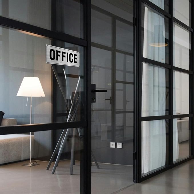 Office Sign Aluminum Silver 9 x 3 Inches Self-Adhesive Waterproof Metal Door Wall Sign for Business Offices 4 Pack