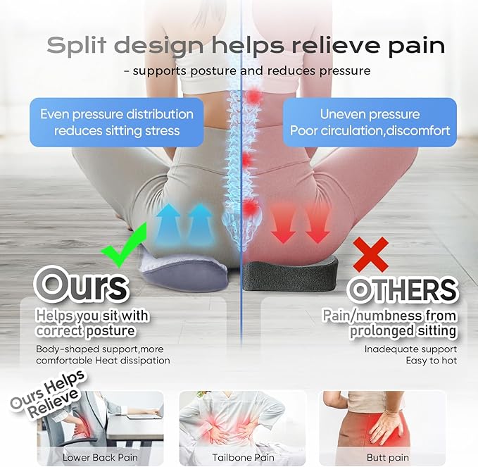 Seat Cushion for Tailbone Pain Relief X-Large,Ergonomic Office Chair Cushions for Butt Hip Lower Back & Sciatica Pain Relief Pillow,Pressure Relief Seat Cushion for Long Sitting, Car & Plane (Grey)