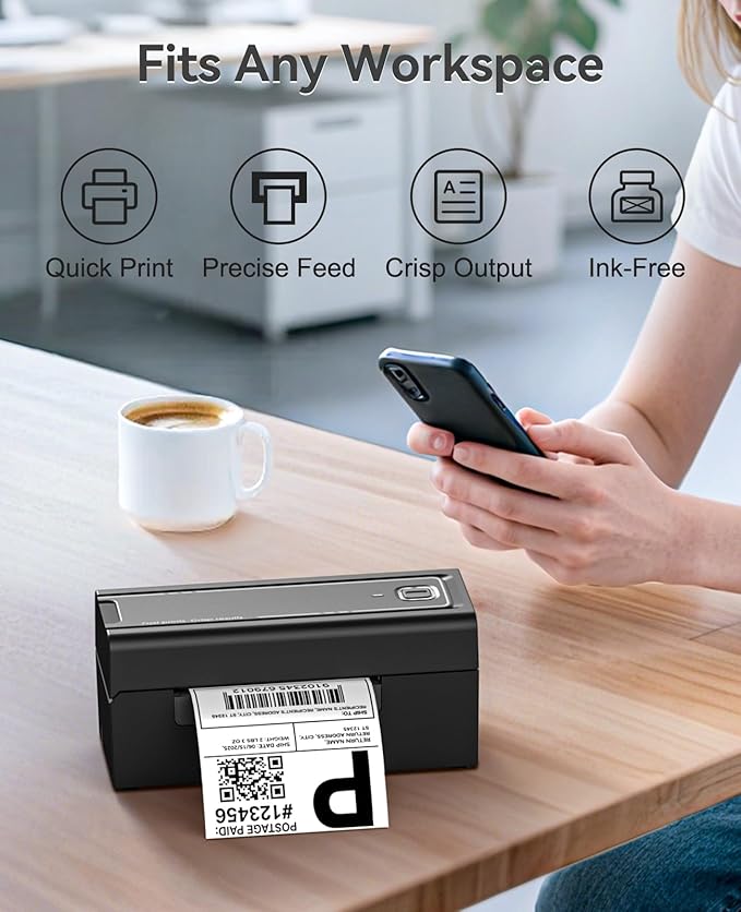 Bluetooth Thermal Label Printer, Wireless 4x6 Shipping Label Printer for Small Business, High-Speed Thermal Printer Compatible with Android, iOS & Windows for Amazon, Ebay, Shopify, USPS