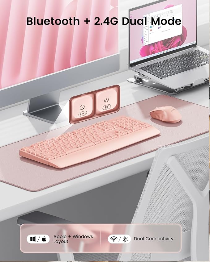 seenda Bluetooth Keyboard and Mouse, COE200 USB + Bluetooth Multi Device, Ergonomic Keyboard Mouse Set, Full-Size Wireless Combo Compatible for Mac OS/Windows PCs Computers Laptops MacBooks - Pink