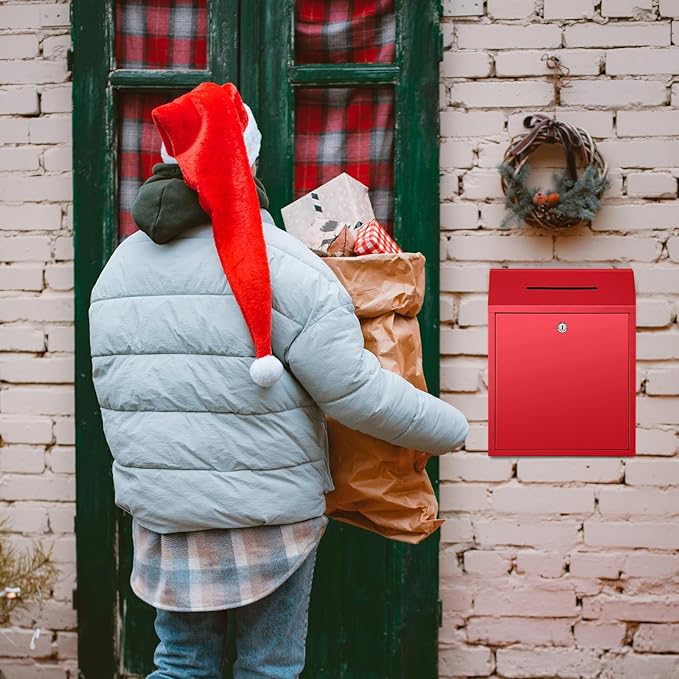 Metal Donation Cash Box Collection Safe Suggestion Box with Lock Wall Mounted Mailbox Delivery Ballot Container for Home Office Outdoor Door(Red,15 x 12 x 4 Inch)