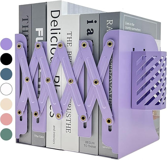 Kingsmile Book Ends, Adjustable Bookends for Shelves, Metal Bookends for Heavy Books, Book Stopper Organzier with Pen Holder for Desk, Kids Room, Office, Classroom, Library, Study Room.(Purple)