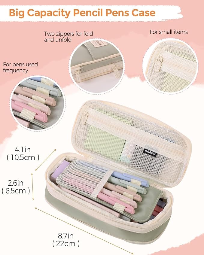 SKYDUE Cute School Supplies 44 PCS, Aesthetic Pencil Case with 12 Pastel Highlighters, 5 Black Gel Pens, 6 Color Gel Pens & Mechanical Pencils, College Essentials Students Stationary Set Green