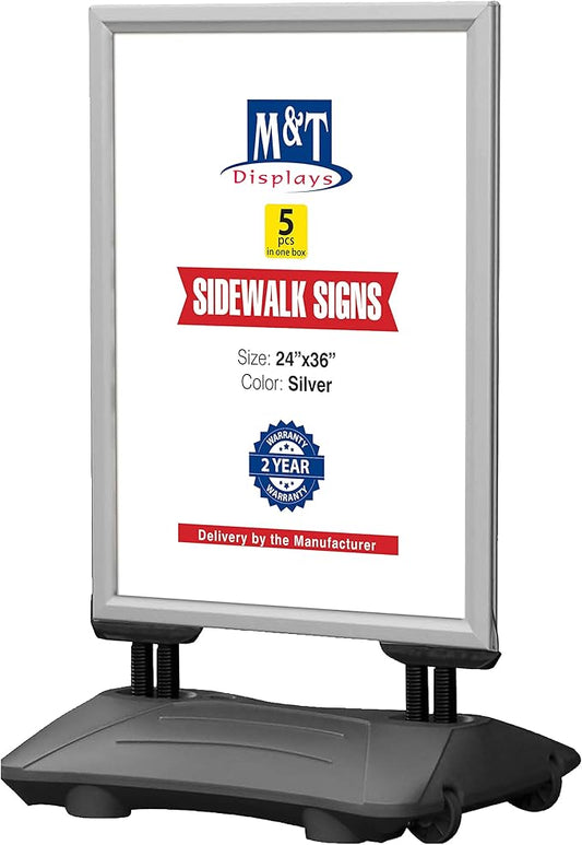 M&T Displays WindPro Weather and Wind Resistant Outdoor Pavement Curb Sidewalk Sign Holder for 24x36 Inch Posters Silver Aluminum Easy Front Loading Snap Frame Durable HDPE Silver Water Base (5 Pack)