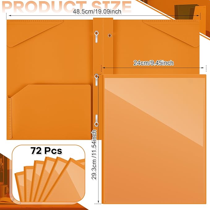 Henoyso 72 Pcs Plastic Folder with Clear Front Pocket and 3 Prong Plastic Folders with Card Slot Pocket Folders with Prongs for School Office (Orange)