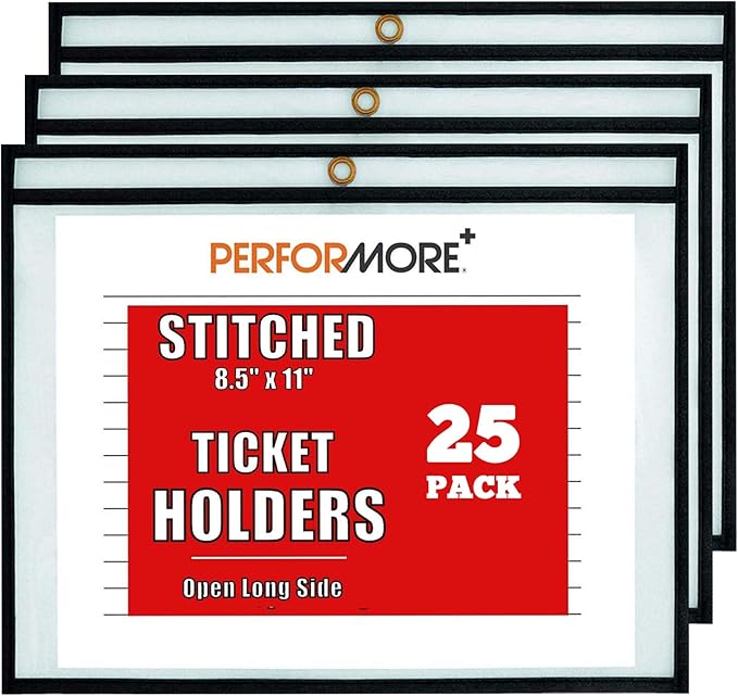 Office Werks Stitched Dry Erase Pockets Black, Landscape View Heavyduty 11" X 8.5" Clear Both Sides Plastic Sleeves with 1 Hole for Attaching to Machinery, File Cabinets, Hanging, Black Trim (25 Pack)