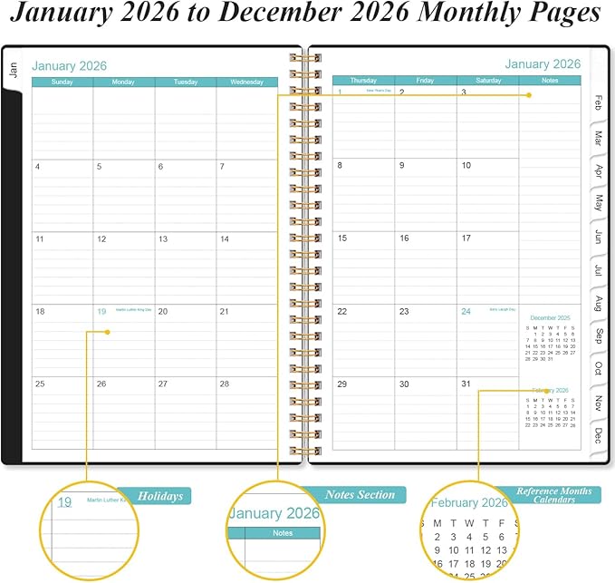2026 Planner - Planner 2026 from January 2026 - December 2026, Weekly & Monthly Planner Spiral Bound with 12 Monthly Tabs, Inner Pocket, 6.4" x 8.5", Black-B