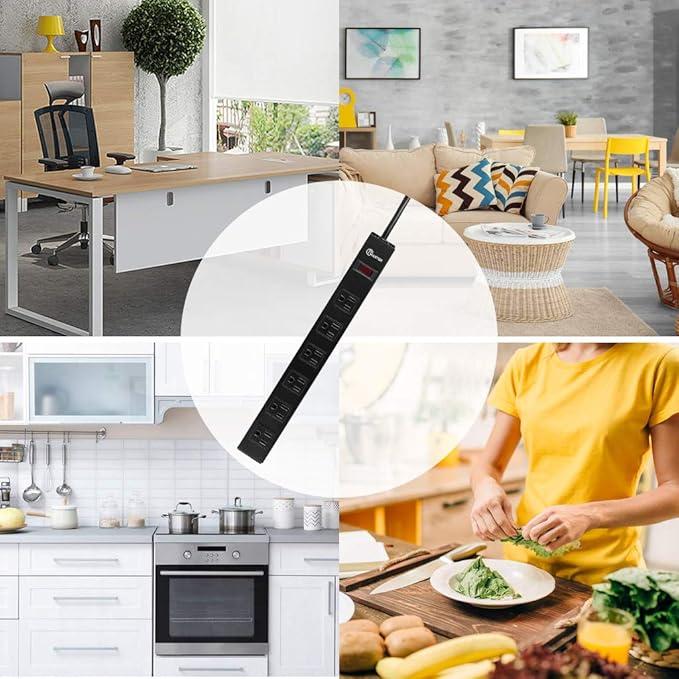 Power Strip with 6AC Outlets Wide Spaced and 14AWG Power Cord,Wall Mount Outlet Power Strip Heavy Duty for Commercial, Industrial, School and Home with Switch,15A 125V 1875W,Black (12FT)