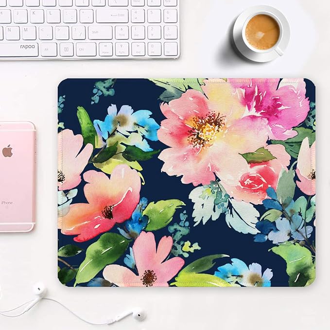Auhoahsil Mouse Pad, 12 x 10 in Flowers Theme Computer Mouse Pad for Desk, Premium-Textured Non-Slip Rubber Stitched Edges Waterproof Square Mouse Mat for Gaming Work Wireless Mice, Black