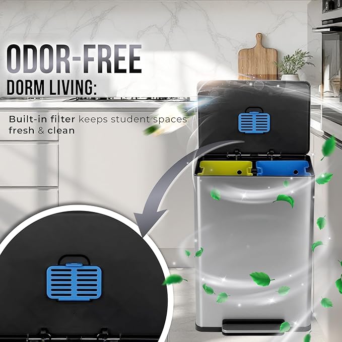 Simpli-Magic 16 Gallon (60L) Step Trash Can – Dual Compartment Kitchen Garbage Can – Waste & Recycling Bins, Slow-Close Lid, Odor Control, Hands-Free, Easy to Clean, Infinity Edge Stainless Steel