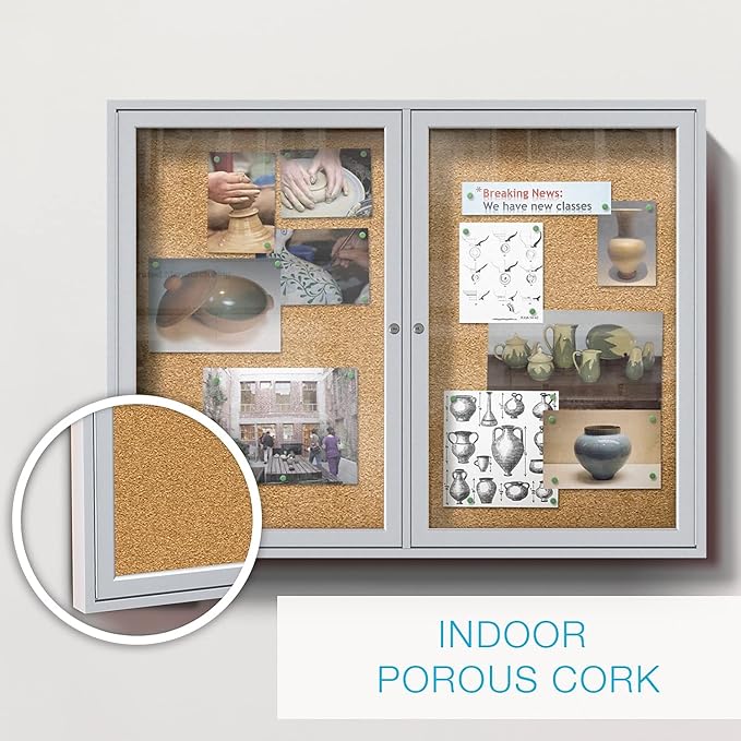 Ghent 48" x 60" 2-Door indoor Enclosed Bulletin Board , Shatter Resistant, with Lock, Satin Aluminum Frame - Natural Cork (PA245K) Made in the USA
