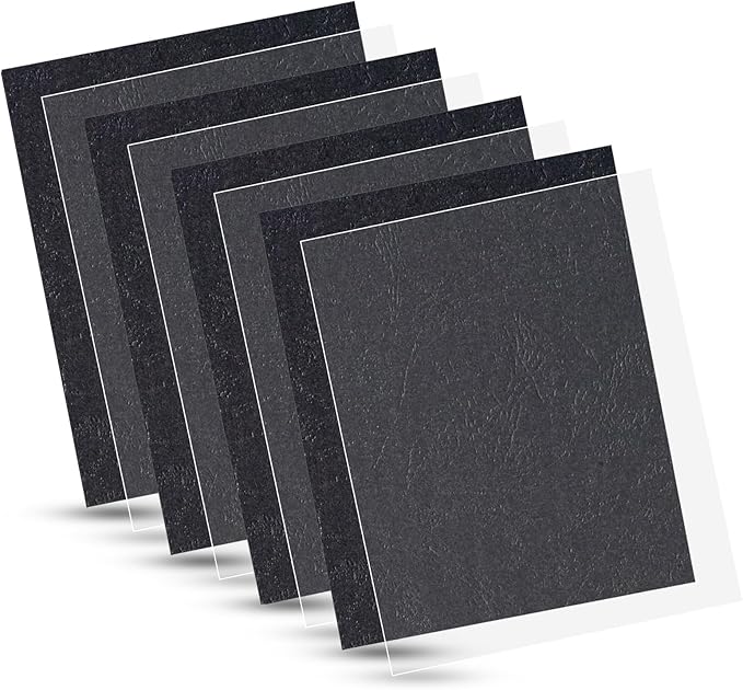 100 Pack Binding Covers Set, 8.5x11 Inches, Including 50 Pcs 5 Mil Clear PVC Binding Covers, 50 Pcs 12 Mil Black Paper Leather Textured