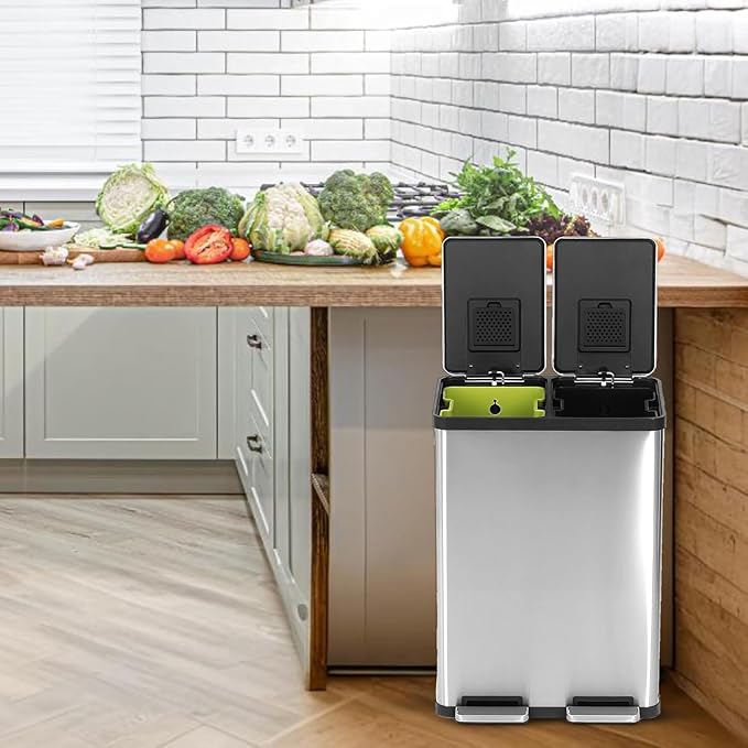 SIMPLI-MAGIC 16 Gallon (60L) Dual Compartment Step Trash Can – Kitchen Garbage Can with Waste & Recycling Bins – Slow-Close Lid, Odor Control, Hands-Free, Inner Bases, Premium Stainless Steel