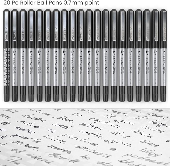 ARTEZA Rollerball Pens, Pack of 20, 0.7mm Black Liquid Ink Pens, Office Supplies for Bullet Journaling, Fine Point Rollerball for Writing, Taking Notes & Sketching