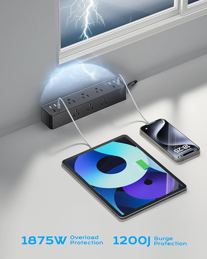 Flat Plug Desk Clamp Power Strip 10FT, 24W Total Charging Station, Desk Edge Mount Power Strip 9 AC Outlets 8 USB Ports Surge Protector, Fit 1.7" Tabletop Edge, Home Office Accessories