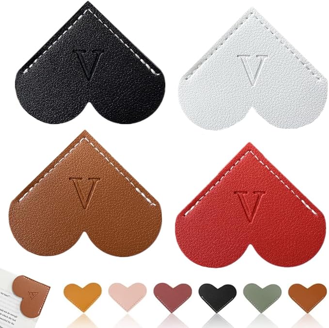 Personalized Leather Heart Bookmark, 26 Letters Customized Corner Book Mark for Reading, Book Holder Markers with Initials Page Book Accessories Cute Gifts (Black+White+Dark Brown+red,V)