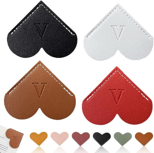 Personalized Leather Heart Bookmark, 26 Letters Customized Corner Book Mark for Reading, Book Holder Markers with Initials Page Book Accessories Cute Gifts (Black+White+Dark Brown+red,V)