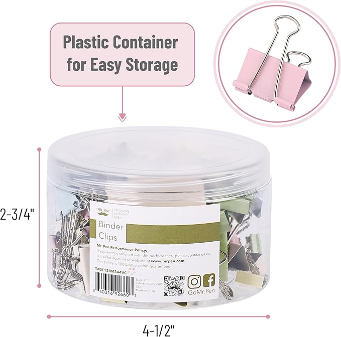 Mr. Pen- Binder Clips Assortment: 120 Pieces, Various Sizes, Colorful Office Supplies