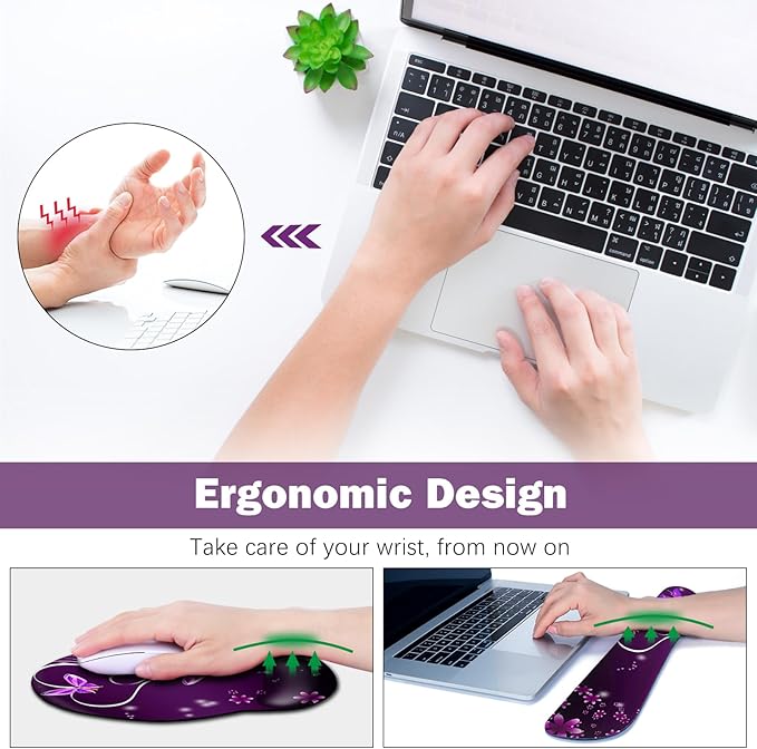 ARTSO Desk Mat, Large Gaming Mouse Pad Wrist Support Set, Ergonomic Keyboard Wrist Rest Desk Pad with Coaster Combo, Extended Mousepad with Non-Slip for Home Office, Purple Heart Butterfly