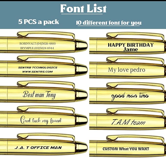 Ancolo Personalized Retractable Ballpoint Pens Stainless Steel Fancy Pens Engraved with Your Name Logo or Message, Phone Number Black ink Perfect for Bank, Office, Hotel 5 Pcs/Pack