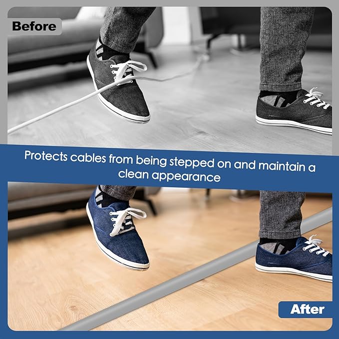 Floor Cord Cover for Wires on Floor Self Adhesive Cord Hider Floor Cable Management Wire Covers for Cords Protector Prevent Cable Trips Cord Cavity W 0.51" x H 0.31", Gray, 20Ft