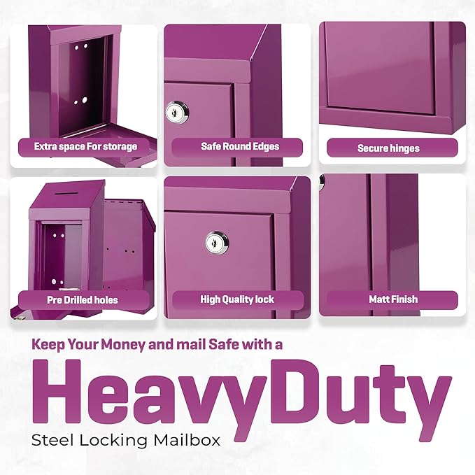 Metal Donation Box-Suggestion Box with Slot and lock-Cash Lock box for Money-Secure Drop Box-Comment and ballot voting box-comes with pre-drilled holes for easy wall mounting 10 X 6 X 2.5"(Purple)