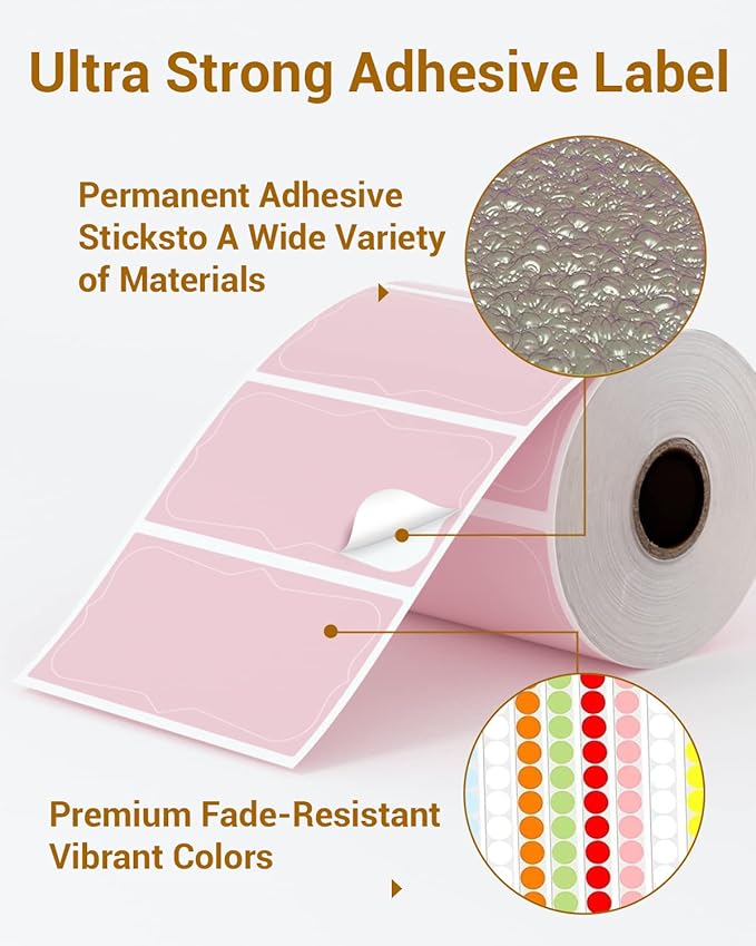 Phomemo Pink Thermal Labels for Shipping Label Printer for Small Business Supplies - 3" x 2" / 500 Pink Labels/Roll, Commercial Grade Round Stickers Roll for Custom Stickers Personalized & Business