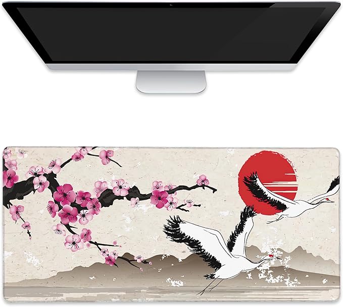 Extended Gaming Mouse Pad Sakura Branch and Flying Herons Large Mousepad with Stitched Edges,Anti-Slip Rubber Base Keyboard Mouse Mat Desk Pad for Gaming Home Office 35.4 x 15.7 inches