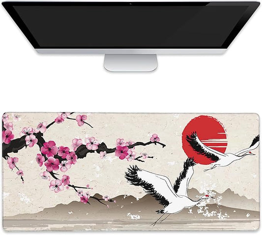 Extended Gaming Mouse Pad Sakura Branch and Flying Herons Large Mousepad with Stitched Edges,Anti-Slip Rubber Base Keyboard Mouse Mat Desk Pad for Gaming Home Office 35.4 x 15.7 inches