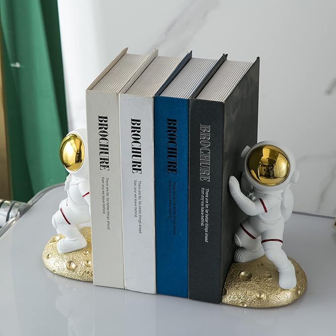 Space Theme Bookends for Shelves, Astronaut Moon Book Ends for Kids Room, Decorative Planet Book Stoppers to Hold Books Heavy Duty, Unique Boys and Girls Gift (Gold)