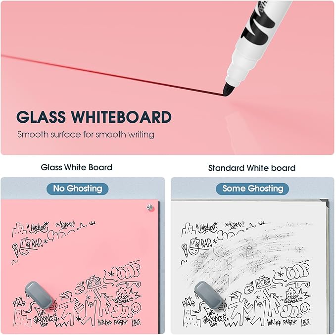 MaxGear Glass White Board 36x24, Pink Wall Mounted Magnetic Glass Dry Erase Board, Large Frameless Whiteboard with 1 Eraser,3 Markers and 6 Magnets for Office, School, Home