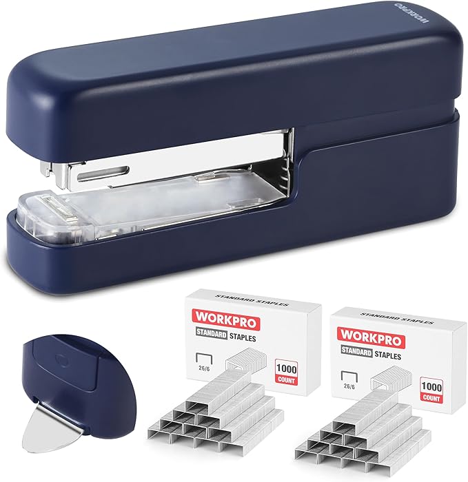WORKPRO 2-in-1 Stapler with Staples & Staple Remover, 40 Sheet Capacity, Flat Clinch Design, Storage Space, Includes 2000 Standard Staples - Non-Slip Office Stapler for Desk, Classroom, Dark Blue
