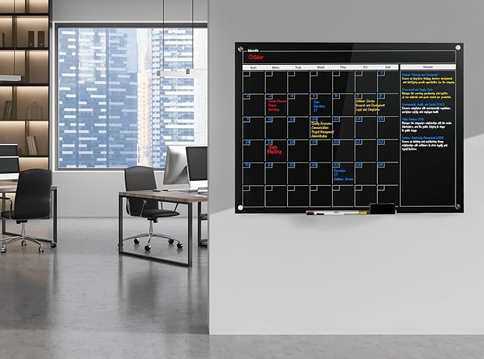 Real Glass Dry Erase Monthly Calendar, Giant Size 34" x 46", Tempered Glass Surface, Frameless Wall Mount, with 4 Assorted Color Markers and Eraser, by Better Office Products (Jet Black)