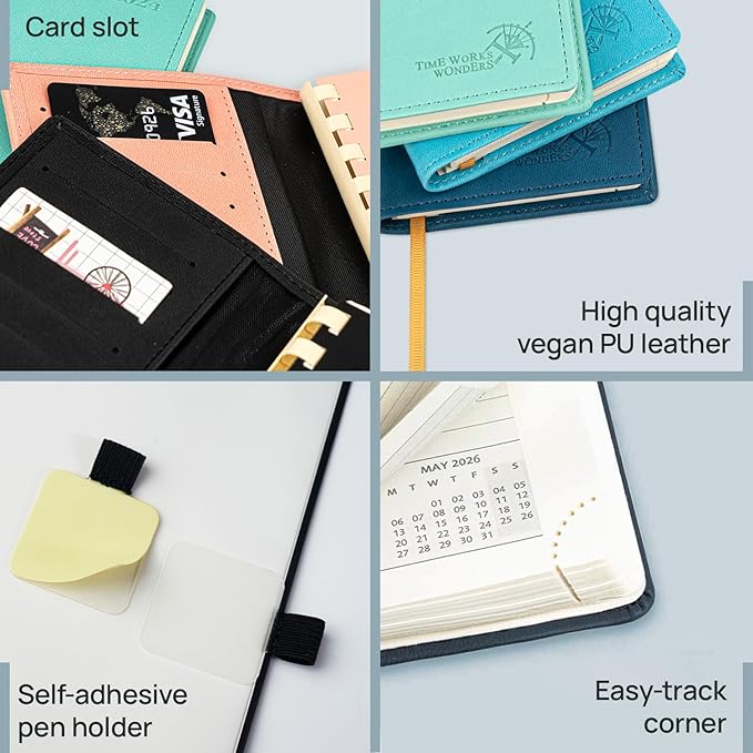 POPRUN 2026 Pocket Planner (Slim Size 3.5" x 6.5") Weekly and Monthly Calendar for Purse, with Hourly Time Slots, 100GSM Thick Paper, Spiral Soft Cover, Pen Holder - Brown