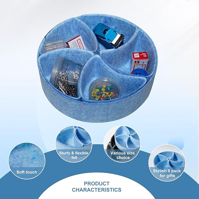 Felt Desk Drawer Organizer Tray,8 Pack Office Desk Drawer Dividers,Felt Drawer Round Storage Box For Saving Space,Makeup Drawer Organizer Bins.(Blue)