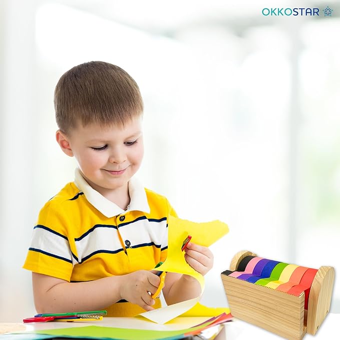 Wooden Kids Craft Tape Dispenser, Multi Roll Masking Tape Holder, Washi Tape Dispenser (Acrylic Serrated Cutter) - Perfect Craft Organizer for Children - [Masking Tape NOT Included]