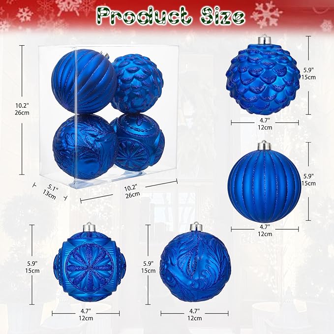 Hollyone 4.7 Inch Large Blue Christmas Ornaments 4Pcs Shatterproof for Xmas Tree Decor with Hook