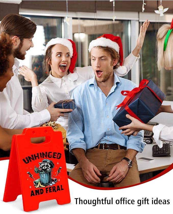 Funny Raccoon Desk Little Signs - Unhinged and Feral Raccoon Gifts for Women Men, Gag Office Gifts for Coworkers Cubicle Office Decorations