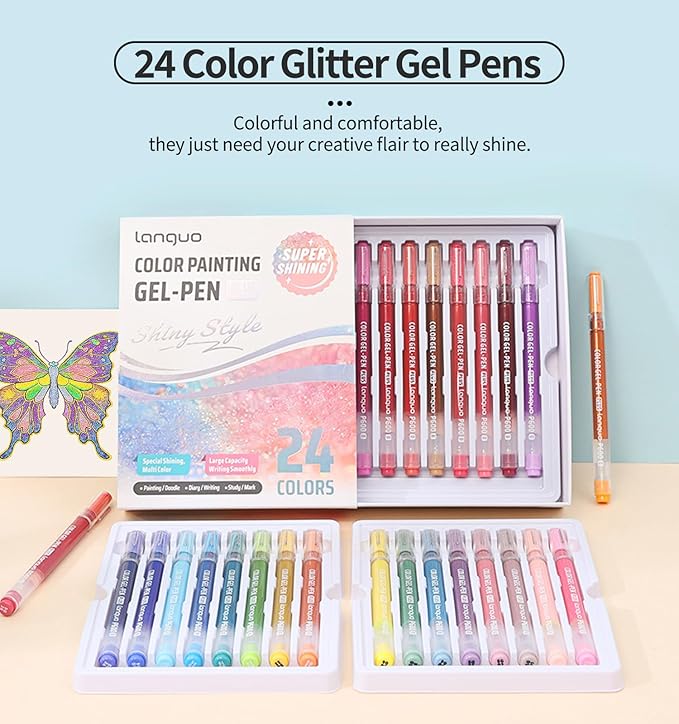 Glitter Gel Pens, 24 Pack Colored Pens for Black Paper & White Paper, 1.0mm Point Pens, Large Capacity Ink Pens for Coloring, Writing, Drawing, Journaling, Note Taking, School, Office, Home