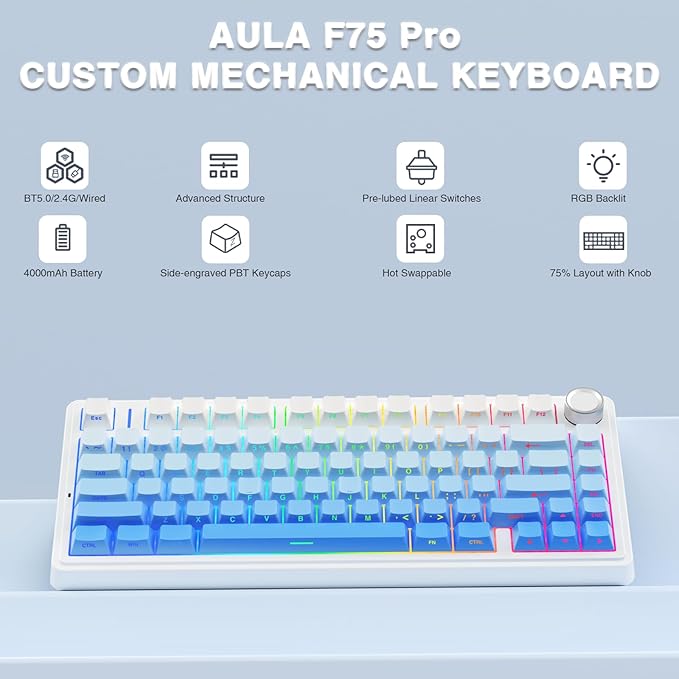 AULA F75 Pro Wireless Mechanical Keyboard,75% Hot Swappable Custom Keyboard,RGB Backlit,Pre-lubed Linear Switches,Side Printed PBT Keycaps Mechanical Gaming Keyboards,Gradient Blue