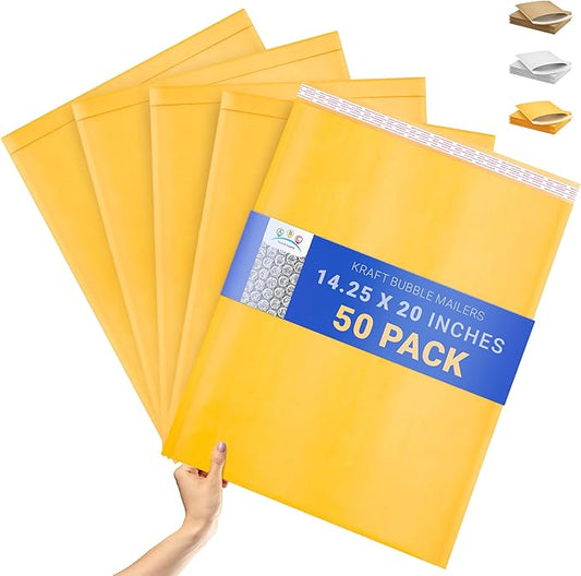 ABC PACK & SUPPLY Yellow Kraft Bubble Mailer Envelopes, 14.25 x 20 Inches. 50 Pack Mail Padded Envelopes Self Seal. Kraft Bubble Mailers. Tear-Resistant Mailing Envelope Padded. Sturdy Paper Mailer