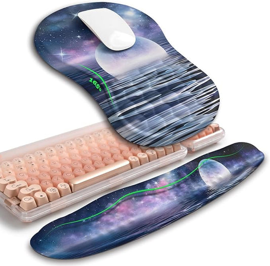 Hokafenle 2in1 Combination, Wave Keyboard Wrist Rest and Ergonomic Curvature Mouse Pad Wrist Support for Relieve Wrist Pain, Filled with Soft Cushion Memory Foam, Moonlit Starry Sea