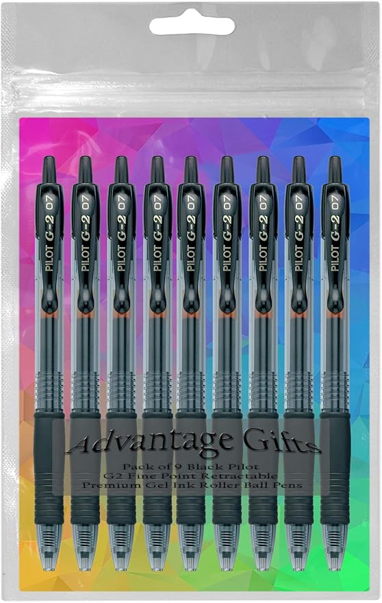 G2 Retractable Premium Gel Ink Roller Ball Pens Fine Point Fine Point (.7mm) Black Ink 9-pk; Refillable & Premium Comfort Grip Bundle with Plastic Reusable Pouch