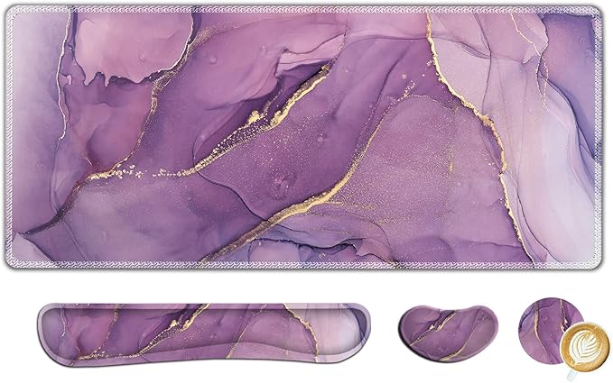 AIMSA Large Gaming Mouse Pad Set, Keyboard Wrist Rest Support Mouse Pad, Ergonomic Memory Foam Multifunctional Extended Desk Mat 35x15.7in Anti-Slip Rubber Base for Office Home, Purple Marble